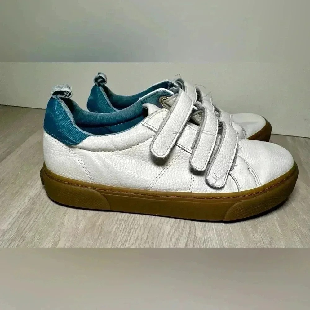 Kids White Leather Sneakers Hook and Loop Closure Teal Accent Gum Sole Size 1